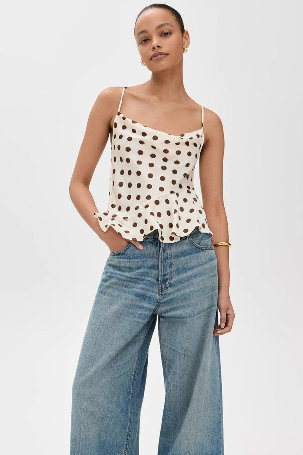 Ruffle Draped Neck Polka Dot Tie Back Cami Top image 4
