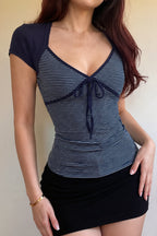 Striped Color Block Tie Fake Two Blouse image 3