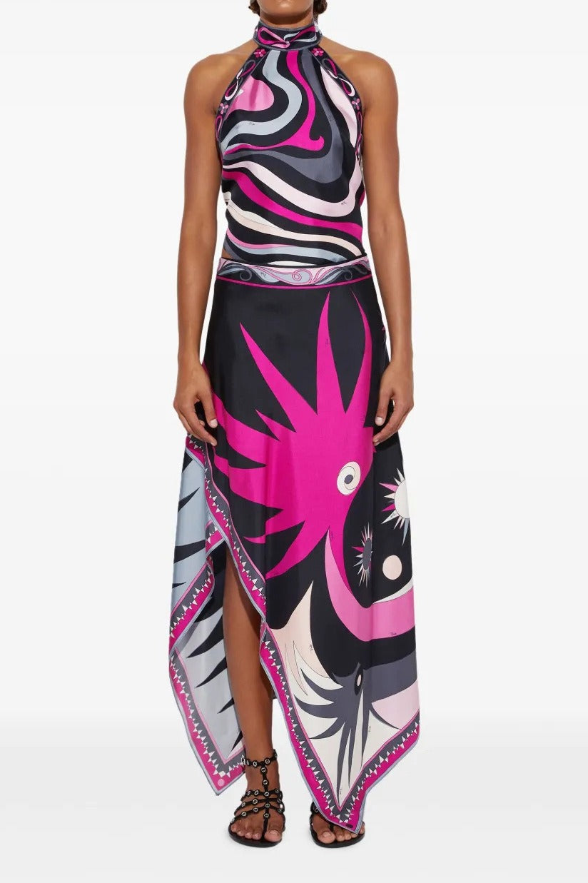 Satin Printed Halter Backless Skirt Set image 3