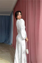 V Neck Printed Waist Belted Elegant Long Sleeve Slim Maxi Floral Dress image 2