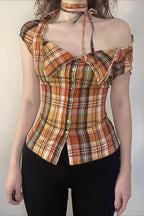 Plaid Fitted Waist Tie Neck Short Button Front Blouse image 3