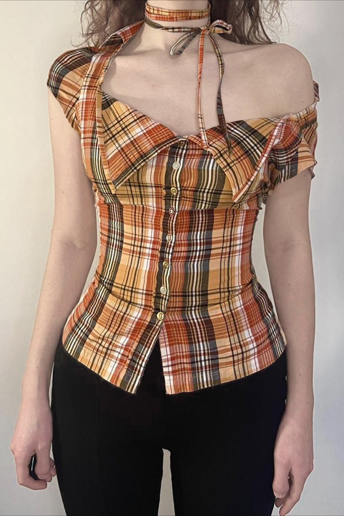 Plaid Fitted Waist Tie Neck Short Button Front Blouse image 3