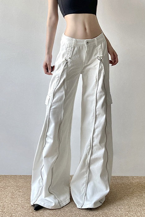 Long Zipper Pocket White Cargo Wide Leg Jeans image 5