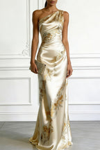 Elegant Off Shoulder Asymmetrical Neckline Print Slim Fit Maxi Dress image 1