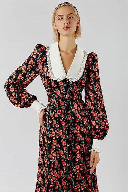 Collar Waist Cinched Stylish Floral Dress image 1