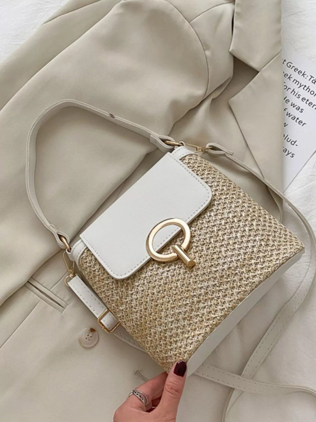 Naomi Straw Crossbody detail view styled for Avrienne