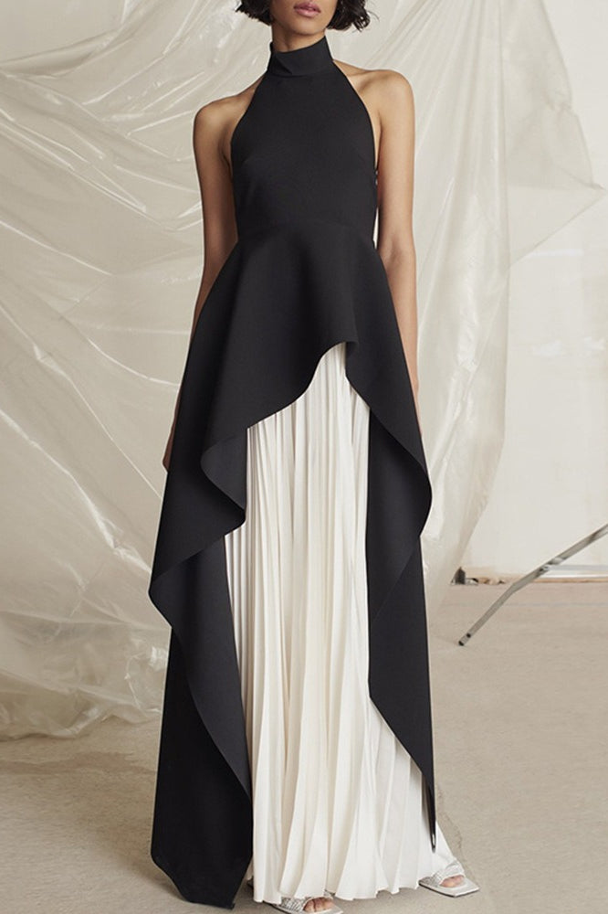 Halter Black White Contrast Pleated Prom Dress image 2