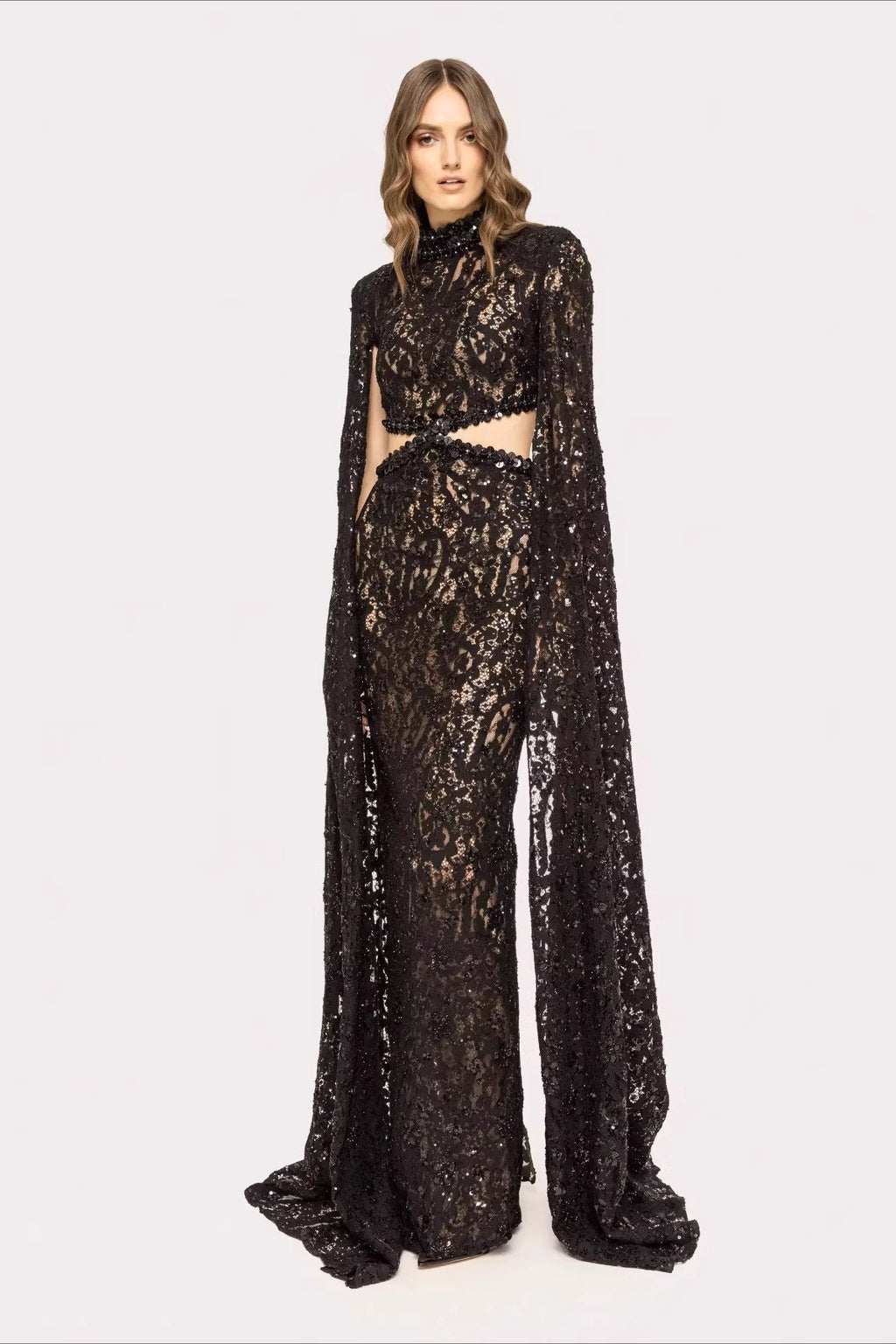 Lace Beaded Sequin Slim Cape Reception Dress image 6