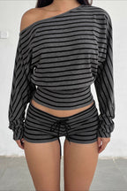 Printed Striped Loose Asymmetric Shoulder Blouse image 2