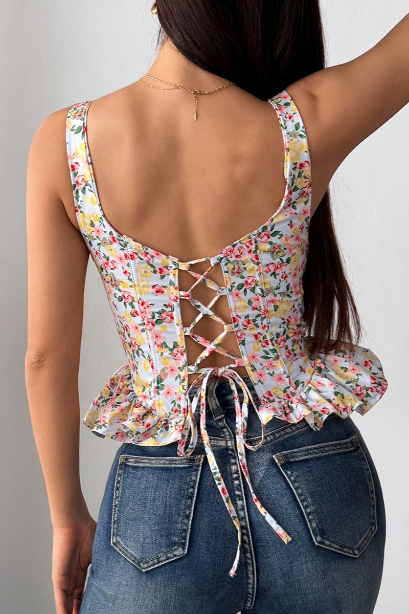Floral Tie Adjustable Boned Ruffled Tank Top image 8