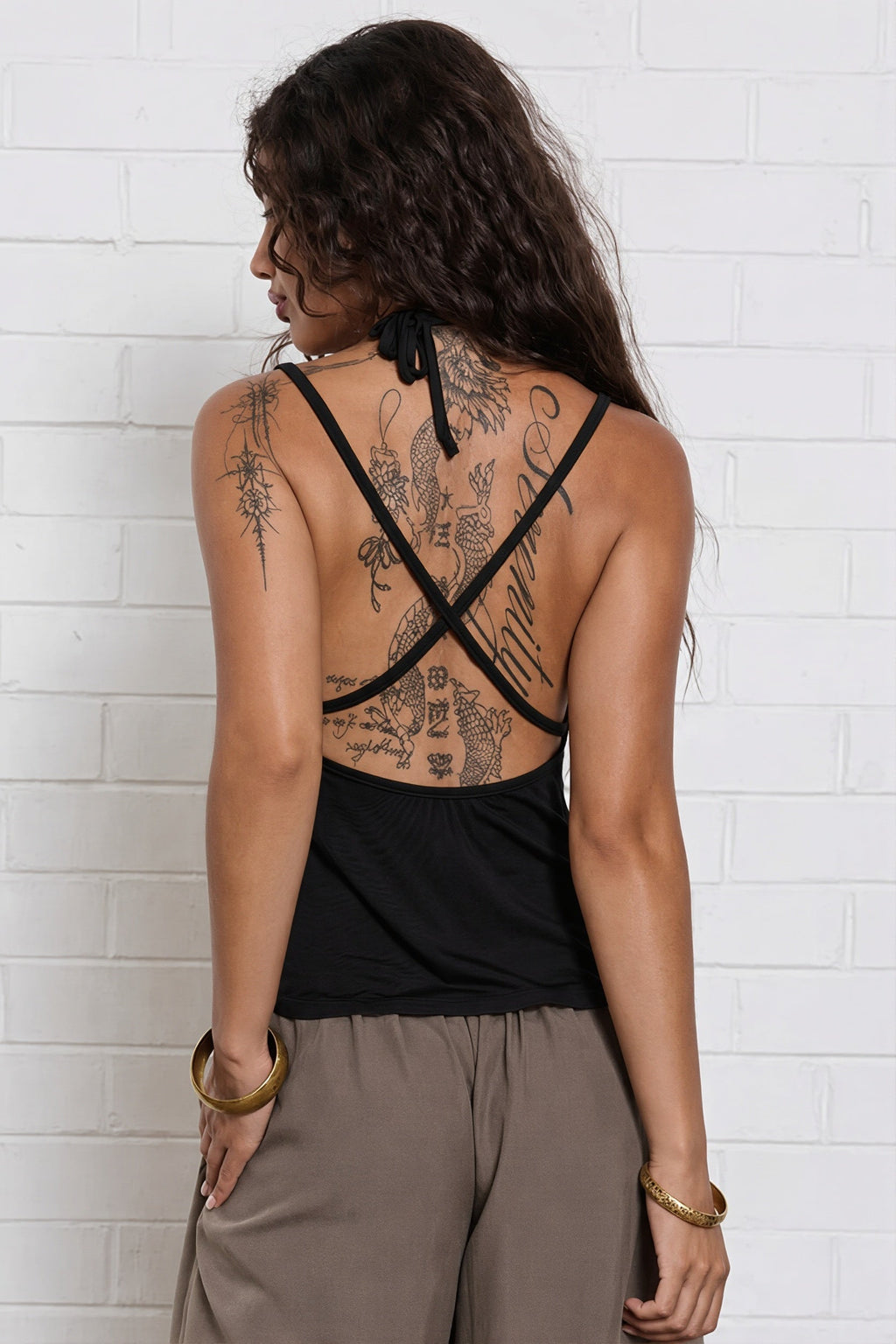 Solid Ruched Deep V Backless Halter Top image 2