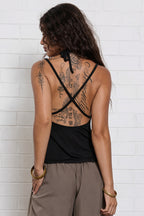 Solid Ruched Deep V Backless Halter Top image 2