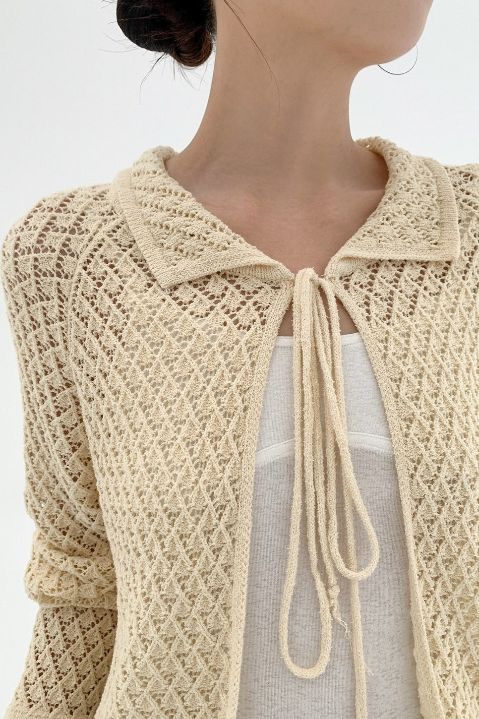 Hollow-Out Collared Tie-Waist Long-Sleeve Short Knit Cardigan image 7