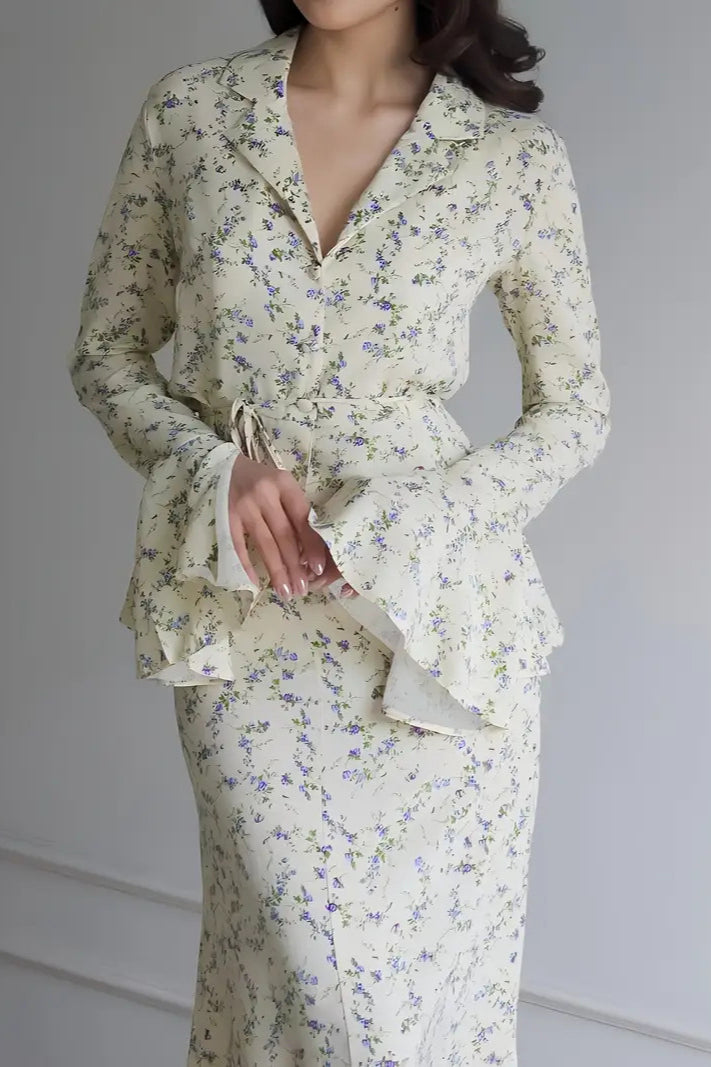Long Sleeve Small Floral Waist Cinch Top Midi Skirt Two Piece Set image 3