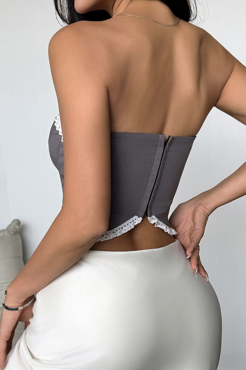Lace Ruffle Trim Bow Detail Boned Cami Sexy Blouse image 4