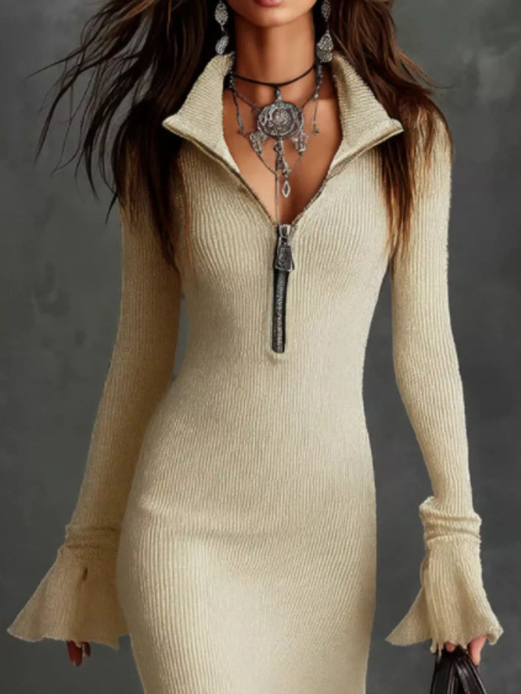 Valeria Ribbed Midi Dress detail view styled for Avrienne