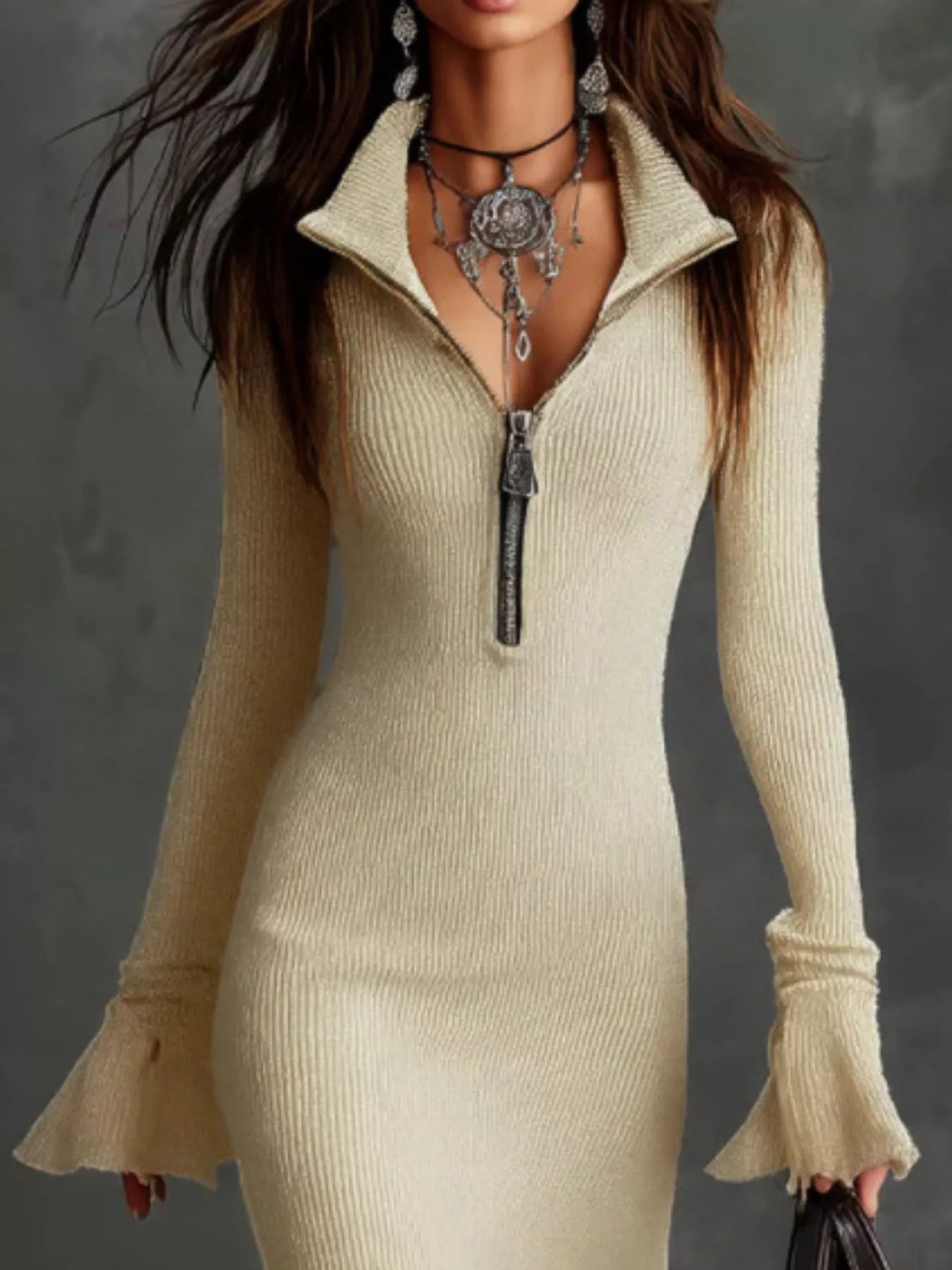 Valeria Ribbed Midi Dress detail view styled for Avrienne