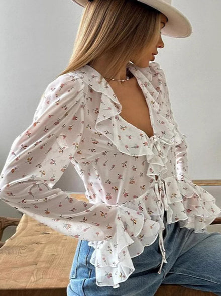 Floral Ruffled V-Neck Slim Fit Blouse image 3
