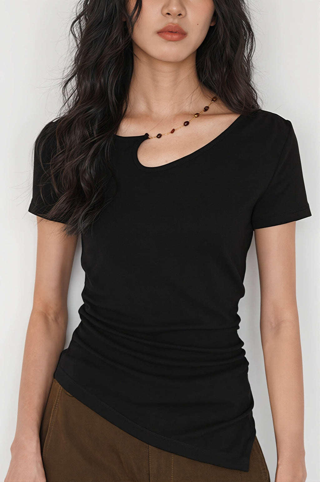Solid Simple Beaded Hollow Neck T-Shirt image 1