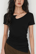 Solid Simple Beaded Hollow Neck T-Shirt image 1