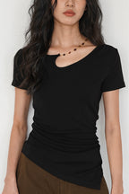 Solid Simple Beaded Hollow Neck T-Shirt image 1