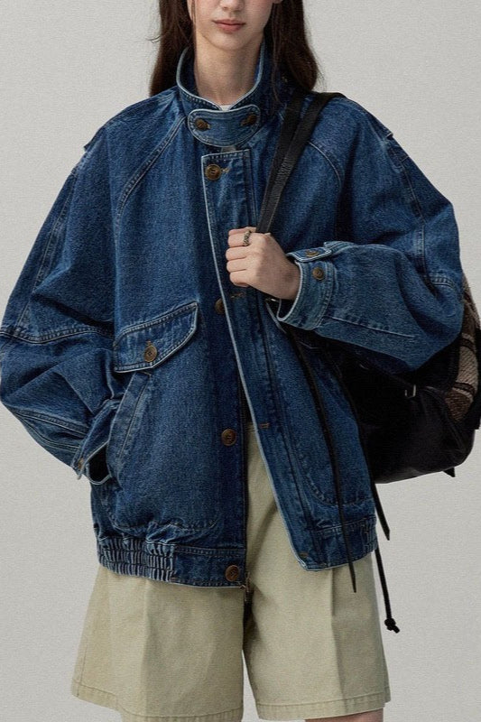 Stand Collar Washed Denim Utility Jacket image 2