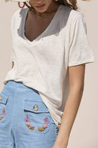 Minimalist Solid Deep V Neck Slub Cotton Loose T-shirt image 2