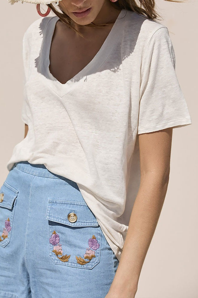 Minimalist Solid Deep V Neck Slub Cotton Loose T-shirt image 2