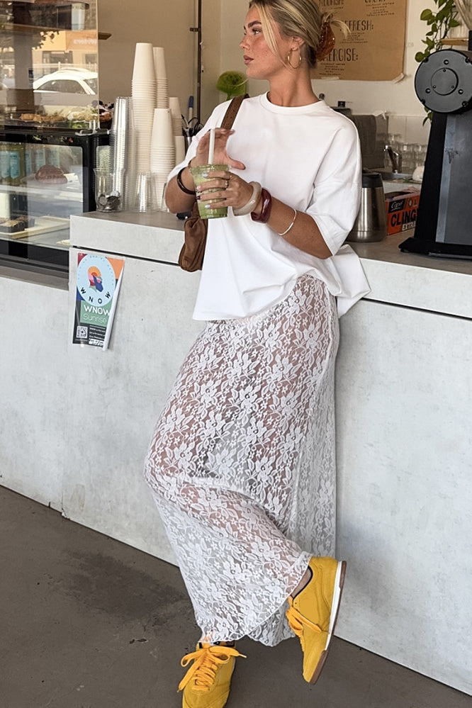 Elegant White Lace High Waist A-line Midi Skirt image 1