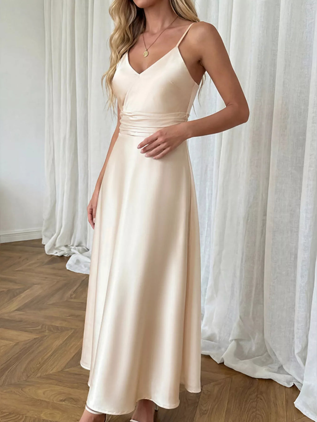 Allegra Satin Maxi Dress detail view styled for Avrienne