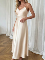 Allegra Satin Maxi Dress detail view styled for Avrienne