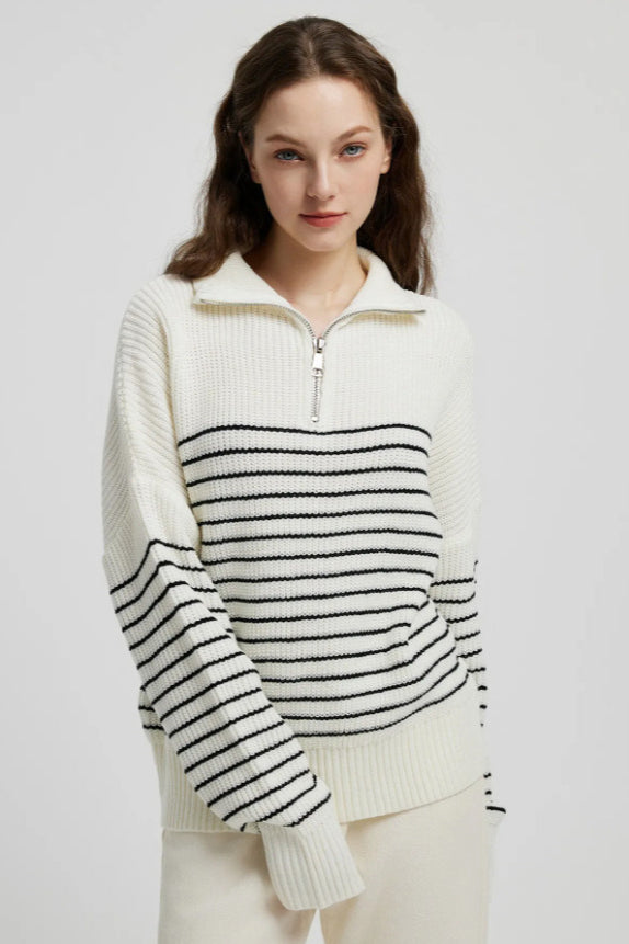 High Neck Striped Color Block Zip Pullover Sweater image 2