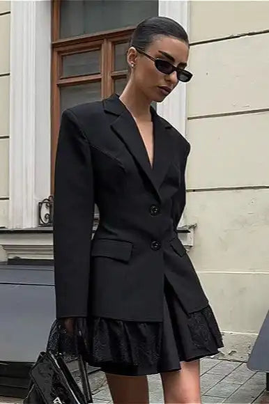Black Lace Panel Blazer Jacket image 1