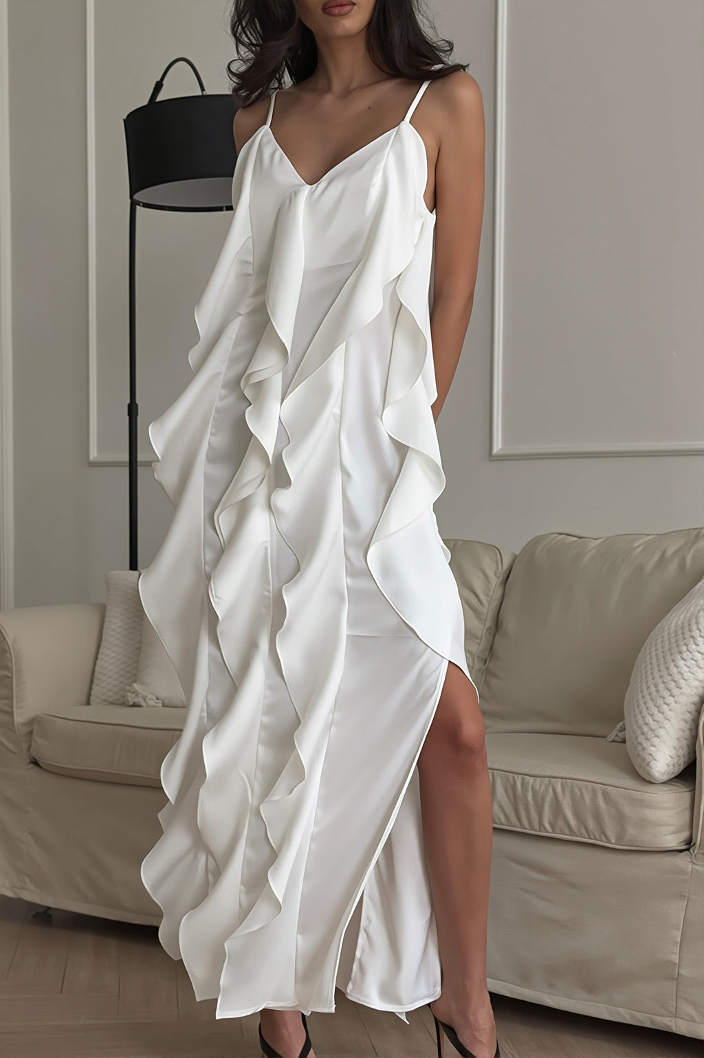 Chic Ruffle Trim V Neck Cami Slip Maxi Dress image 1