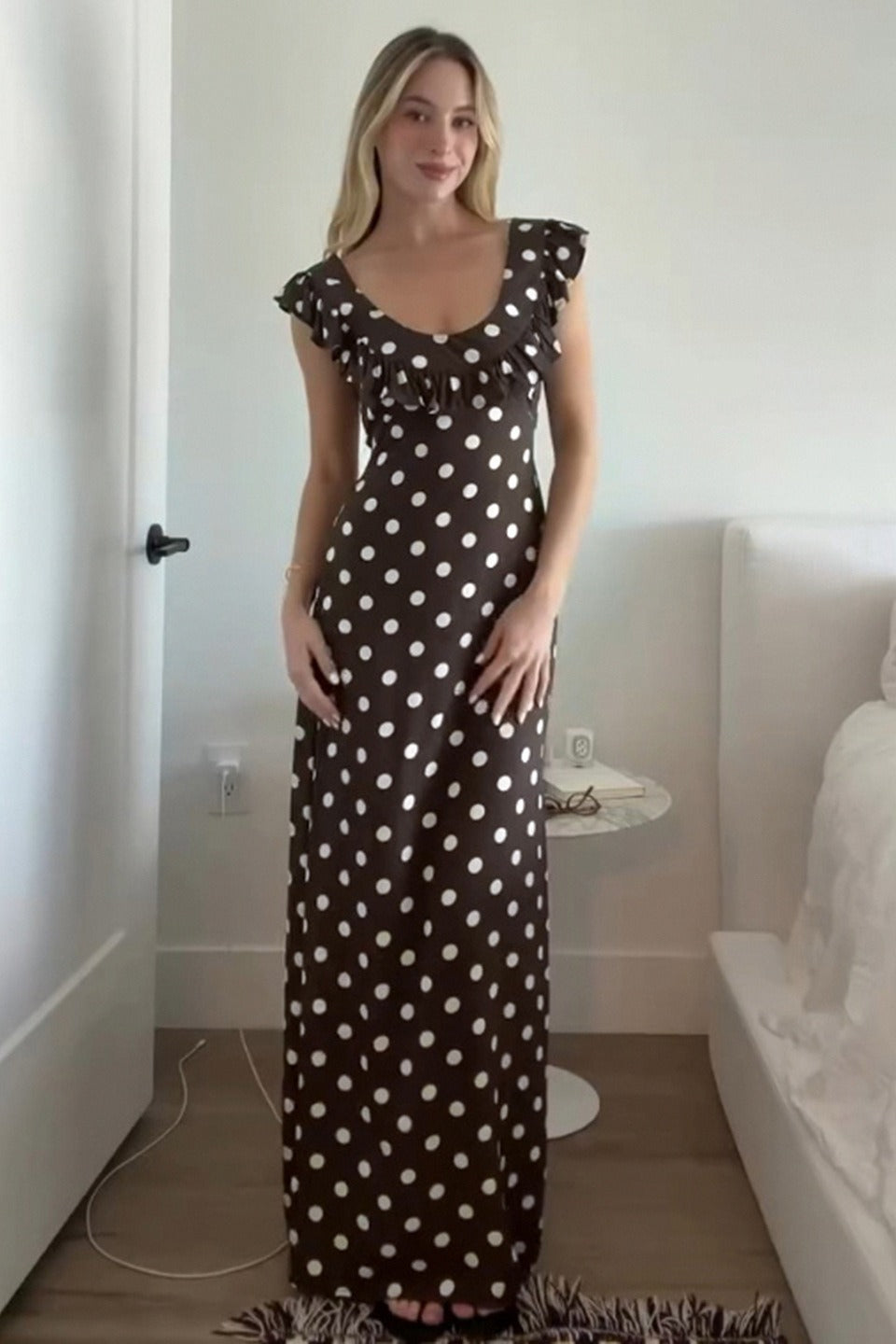 Polka Dot U-Neck Ruffled Bodycon Maxi Dress image 3