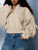 Embroidered Side Bow Zip Up Hoodie image 1