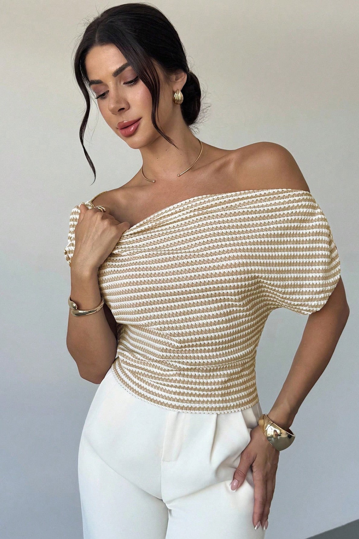 Chic Cold Shoulder Stripe Short Sleeve Knit Blouse image 5