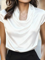 Isadora Satin Blouse detail view styled for Avrienne