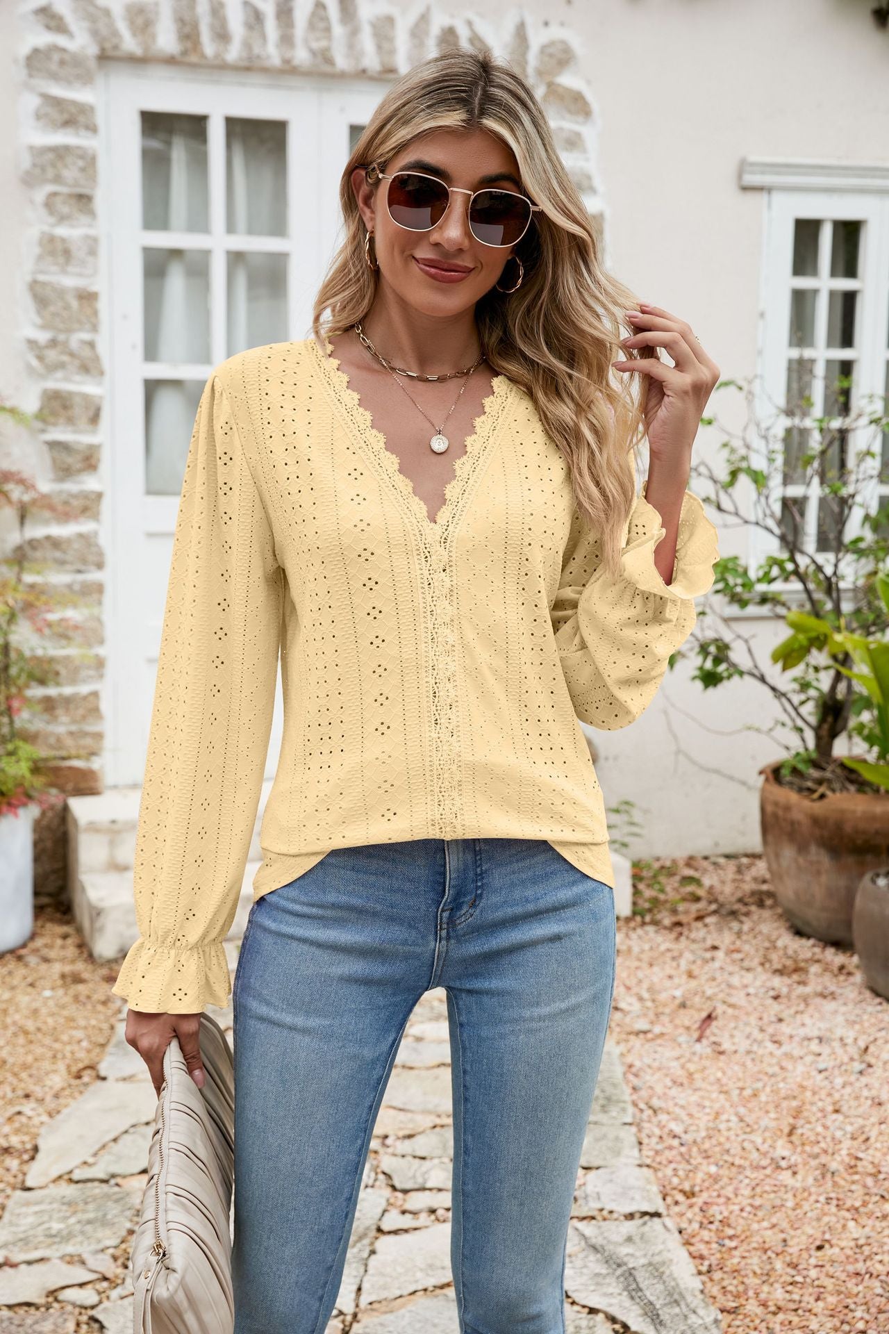 Lisette Eyelet Blouse detail view styled for Avrienne