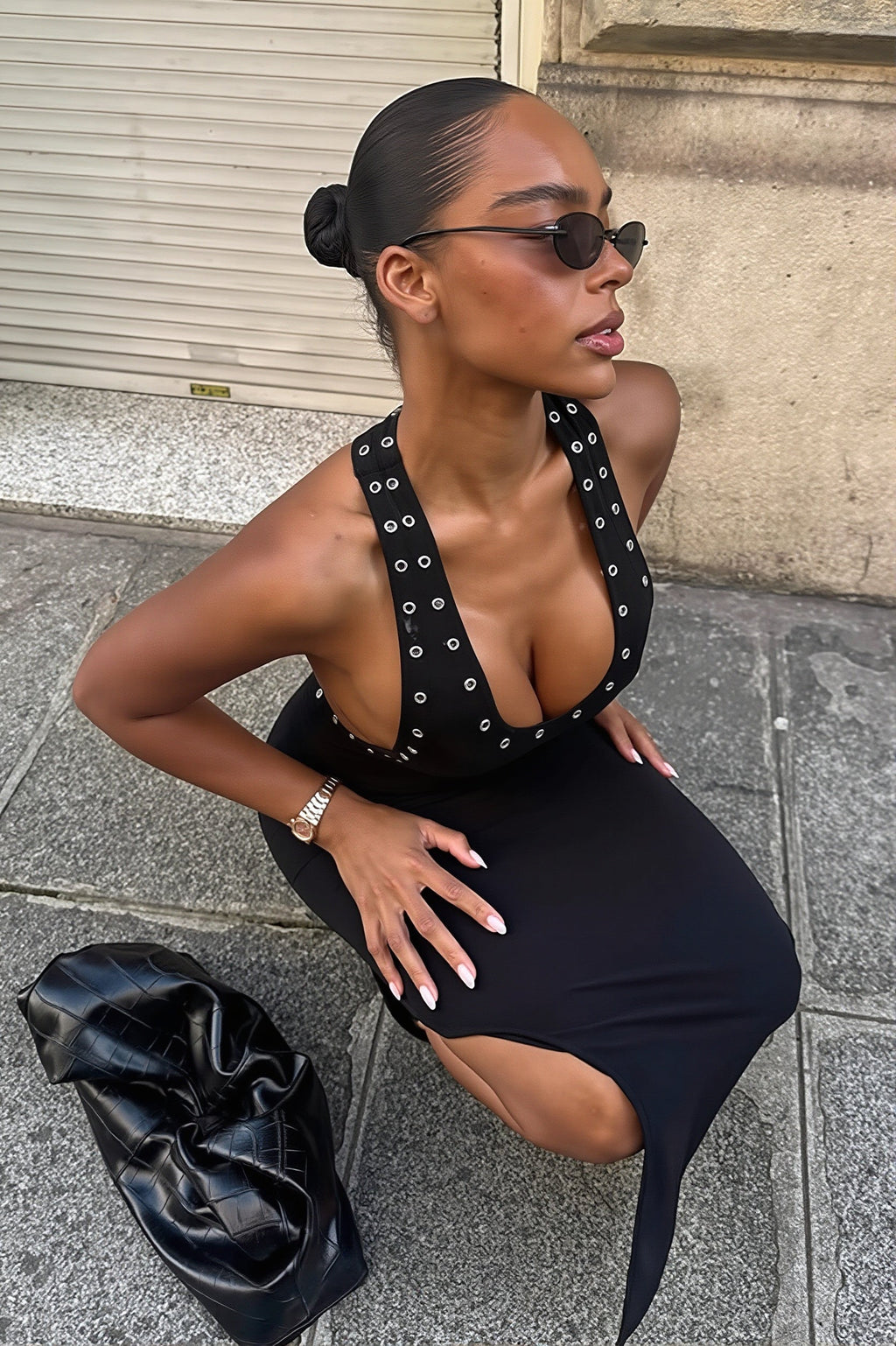 Metal Decor Solid Backless Split Maxi Dress image 4