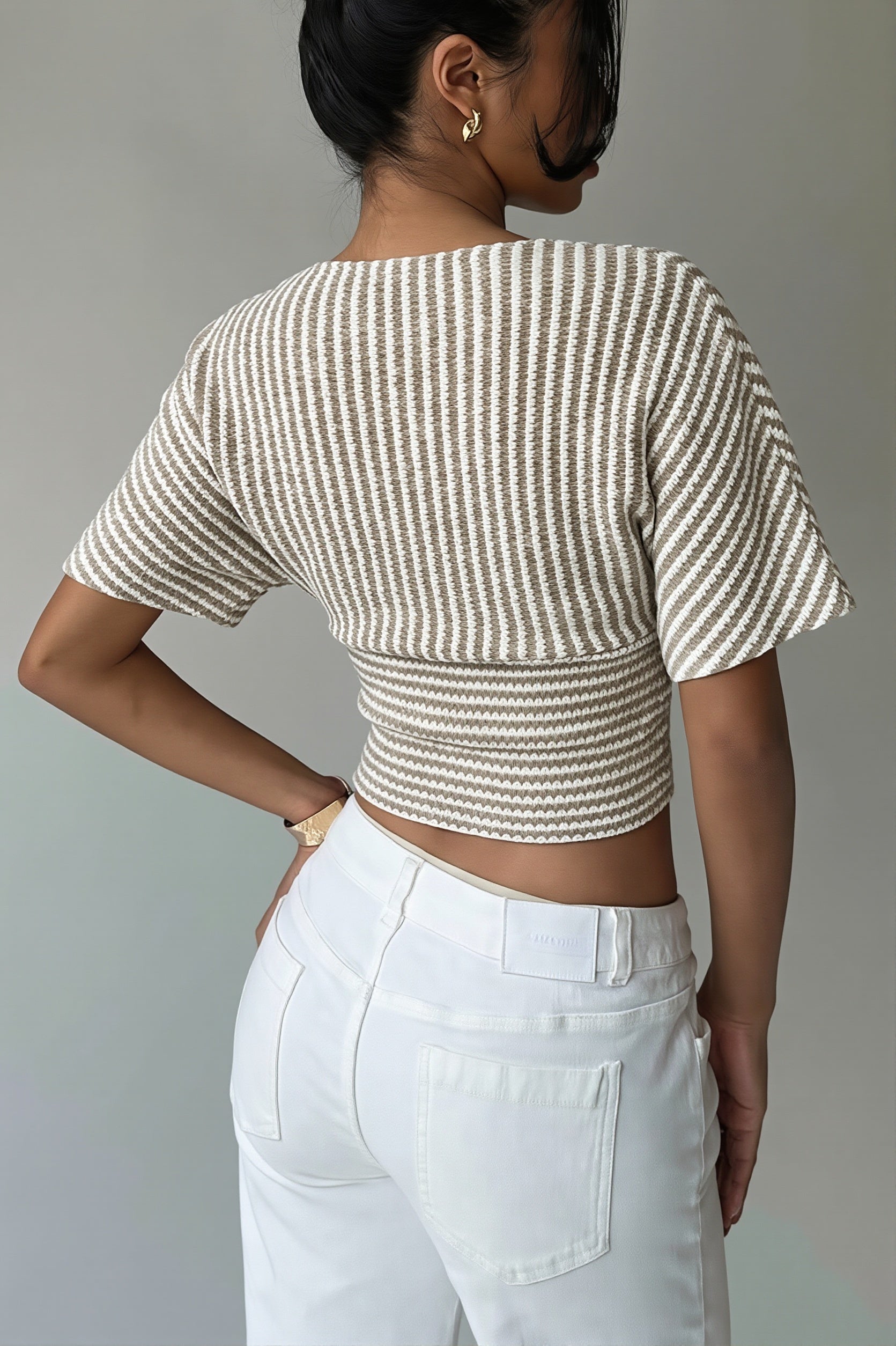V Neck Striped Bat Sleeve T-shirt image 2