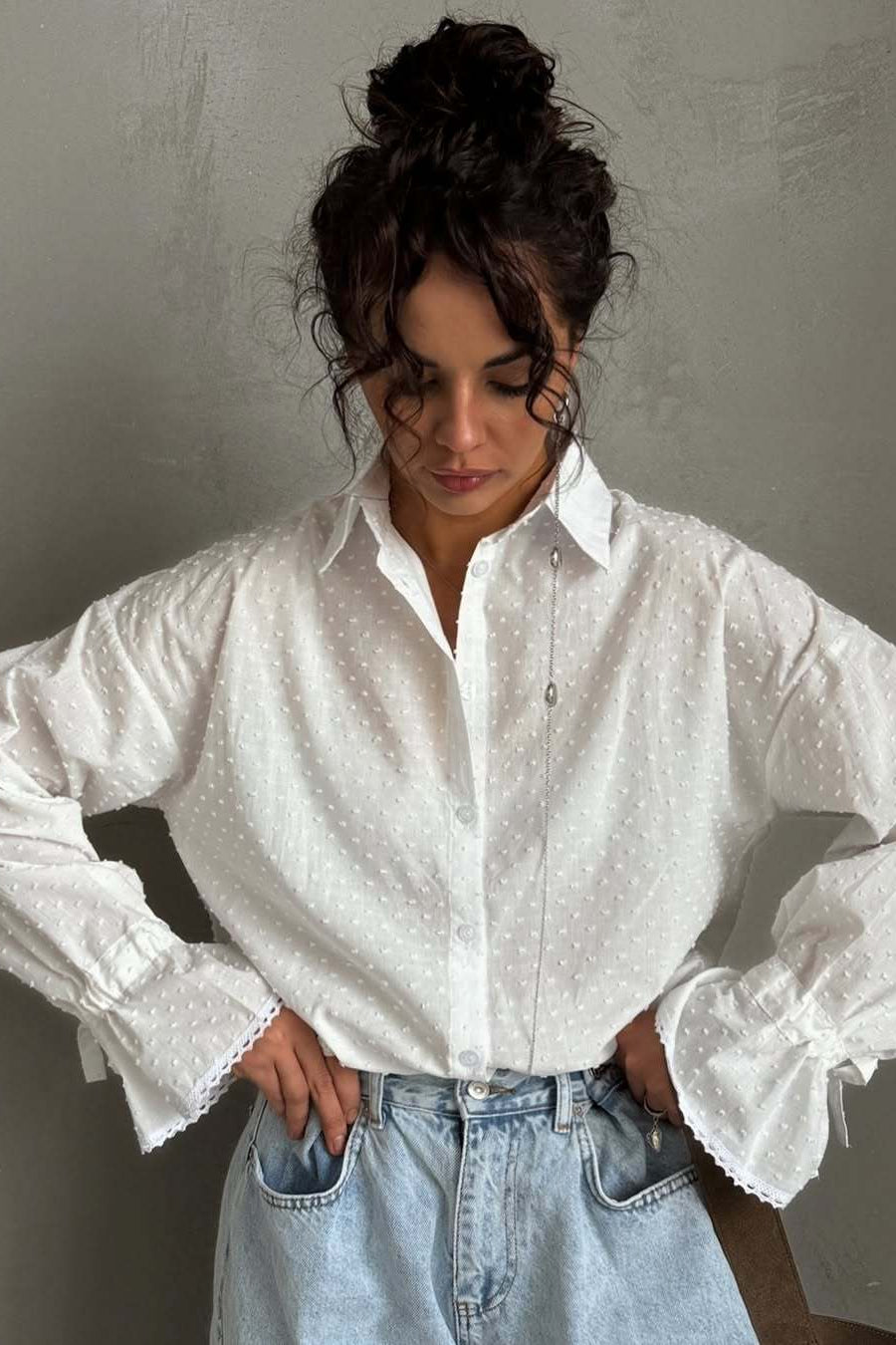 Cotton Single-Breasted Bell Sleeve Blouse image 1