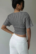 V Neck Striped Bat Sleeve T-shirt image 5