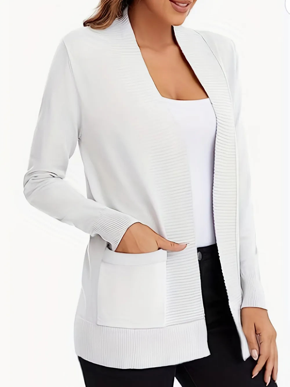 Anya Open Cardigan detail view styled for Avrienne