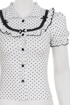 Lapel Button Bow Polka Dot Blouse image 7