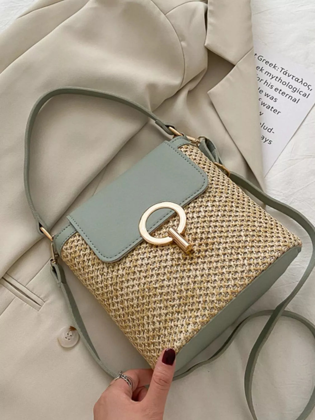 Naomi Straw Crossbody detail view styled for Avrienne