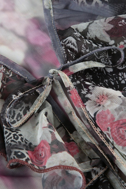 Vintage Print Contrast Mesh Tie Blouse image 3