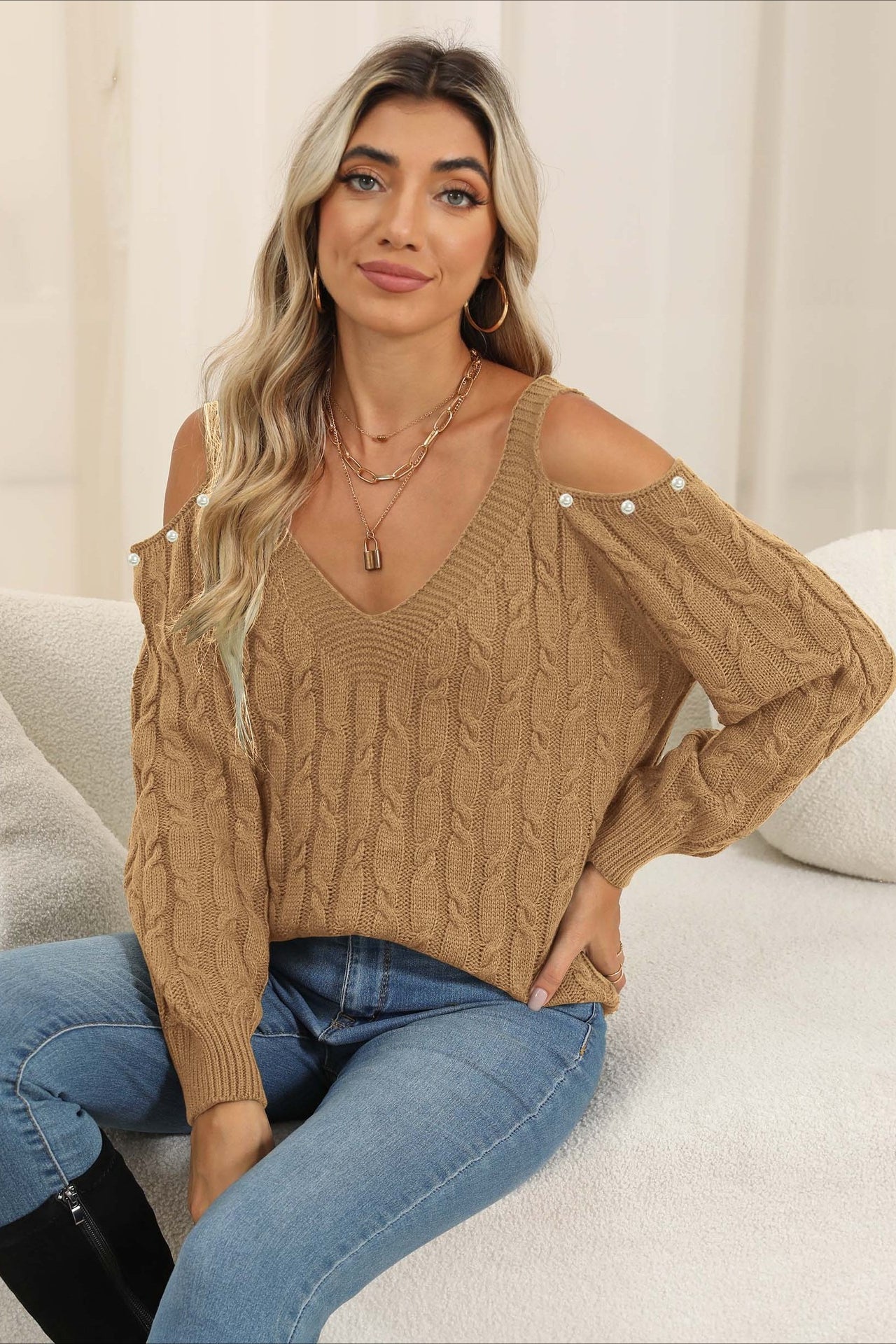 Deep V Sexy Off-Shoulder Loose Pullover Sweater image 13