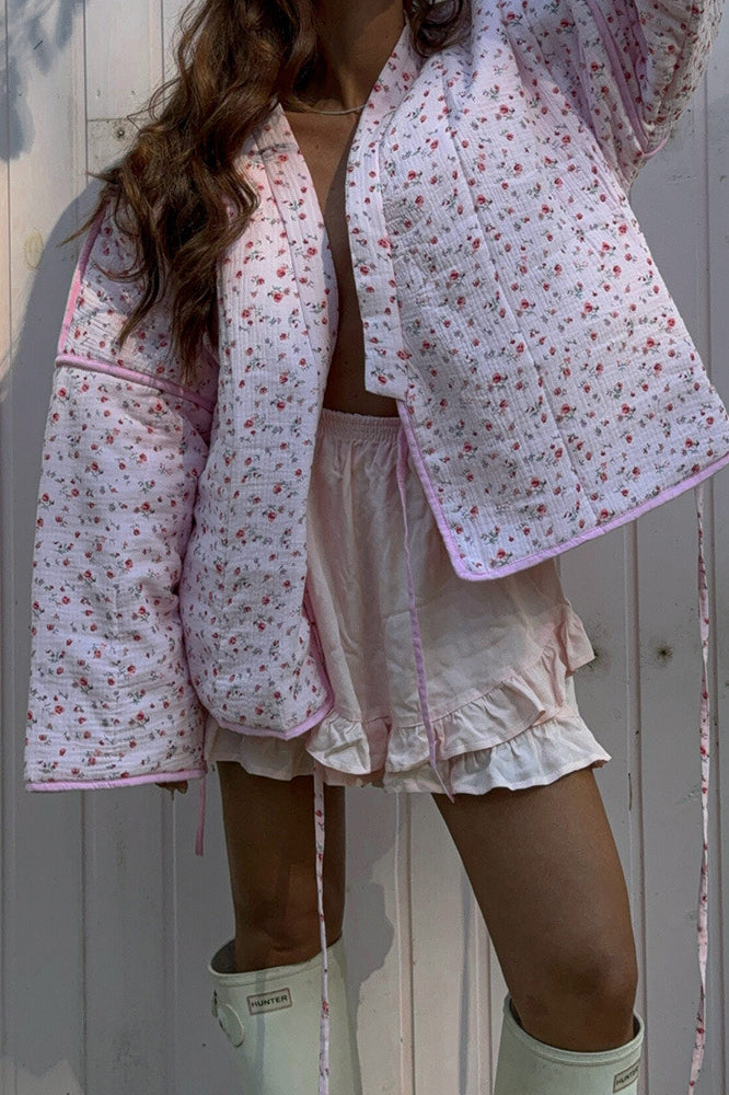 Pink Sweet Floral Tie V-neck Flared Sleeve Coat image 1