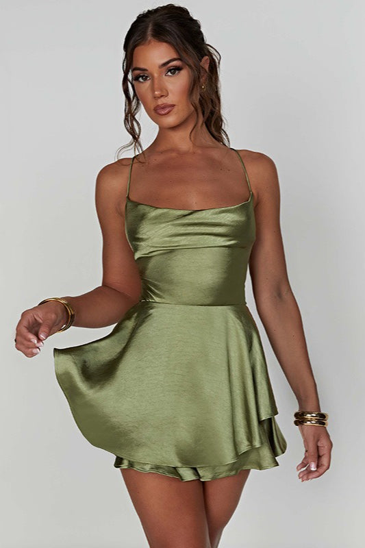 Vintage Cowl Neck Backless Tie Strap Mini Dress image 3